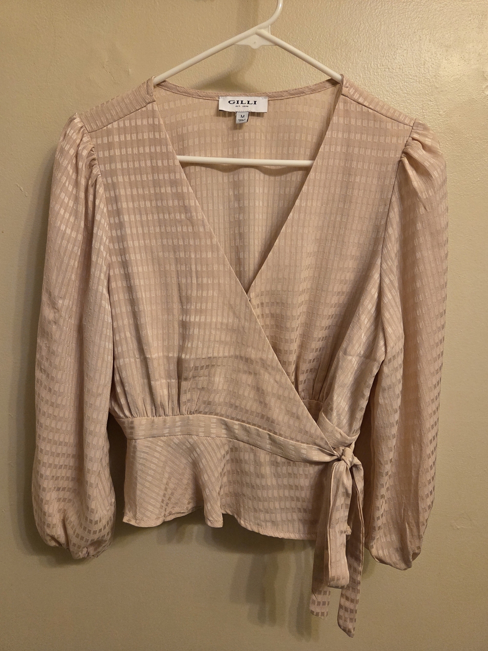 Gilli Light Pink Jacquard Check Tie Waist Wrap Top M Coquette Romantic Soft Girl